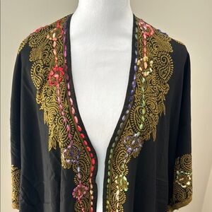 Anthropologie Raj Black and Gold Embroidered Kimono oversized relaxed duster